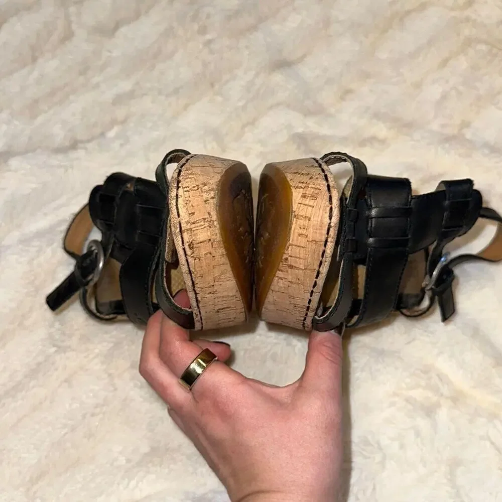 Born Black Patent Leather Cork Wedge Sandals | Sz 7